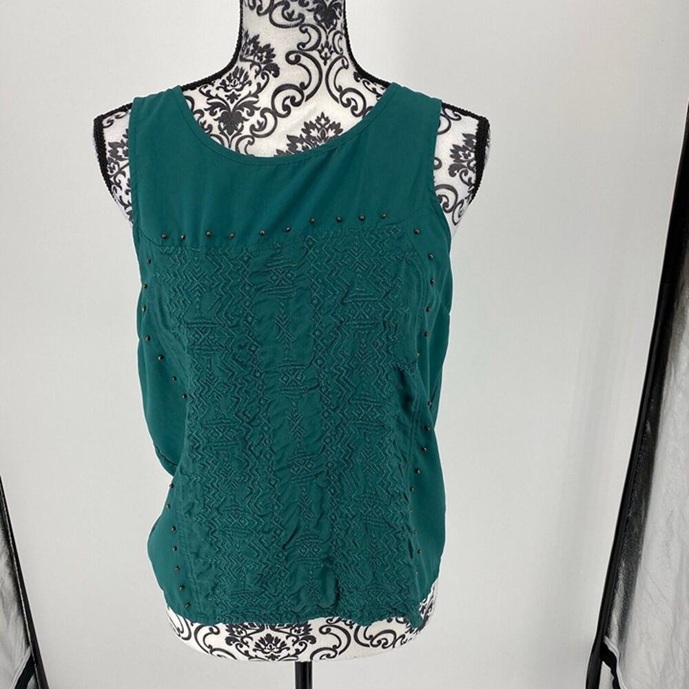 American Eagle Outfitte Hunter Green Embroidered Beaded Semi-sheer Tank Top Sz M